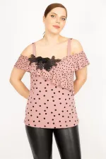 WOMEN'S POWDERY SEQUIN APPLIQUE AND FLOORN DETAILED POINT PATTERNED STRAP BLOUSE