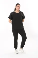 Kadın Büyük Beden Saks Taş Detaylı Kısa Kollu Sweatshirt Pantolon Takım 65N37702