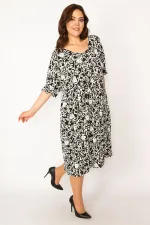 Kadın Siyah V Yaka Bel Ve Kol Ağzı Gipe Lastikli Cepli Rahat Kesim Elbise 65N33461