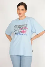 Kadın Mavi Büyük Beden Pamuklu Kumaş Ön Baskılı Bluz