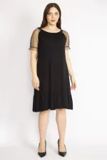 Kadın Kırmızı Büyük Beden Kolları Tül Yakası Lastik Detaylı Etek Ucu Katlı Elbise