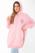 Kadın Büyük Beden Mavi İçi Şardonlu Ön Fermuar Ve Kapşonlu Sweatshirt 65N37405