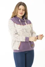 Kadın Büyük Beden Kuşgözü Bağcık Ve Süs Düğme Detaylı Kanguru Cepli Dik Yaka Sweatshirt 65N37122