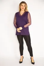 Kadın Mürdüm Yaka Ve Kolları Simli Tül Bluz 65N35185