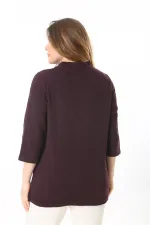 Kadın Büyük Beden Mürdüm Sıfır Yakalı Kendinden Desenli Kapri Kollu Tunik 65N37495