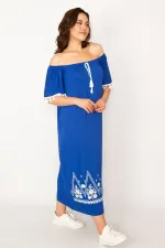 Kadın Kırmızı Karmen Yaka Nakış Ve Püskül Detaylı Uzun Elbise 65N33437