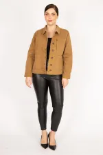 Women's Tan Plus Size Gabardine Fabric Front Button Zipper and Pocket Detailed Coat