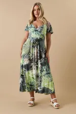 Kadın Büyük Beden Yeşil, Anvelop Yaka, Kısakol, Çiçek Desenli Uzun Elbise 65N38999