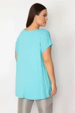 KADIN MAVİ İÇİ ÇİZGİLİ ATLETLİ DÜŞÜK KOLLU BLUZ