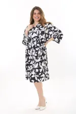 Kadın Büyük Beden Siyah Ön Pat Fermuarlı Beli Tünel Bağcıklı Kapri Kollu Elbise 65N37623