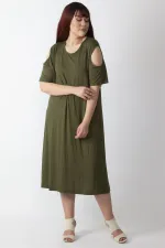 Kadın Haki Omuz Dekolteli Viskon Elbise 65N26131