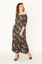 KADIN EFLATUN DOKUMA VİSKON KUMAŞ MADONNA YAKA KOL AĞZI VE YAKASI LASTİKLİ KATLI ELBİSE