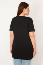 Kadın Siyah Büyük Beden Bisiklet Yakalı Kısa Kollu Oversize Bluz