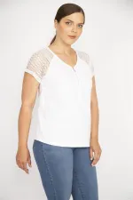 Kadın Beyaz Büyük Beden Pamuklu Kumaş Ön Pat Fermuarlı Kolları Dantel Bluz