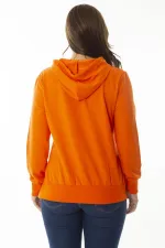 Women's Plus Size Orange Stone and Print Detailed Hooded Side Slit Sweatshirt 65N36867