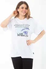 Kadın Büyük Beden Beyaz Pamuklu Kumaş Ön Baskılı Kısa Kol Bluz