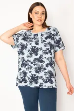 KADIN MAVİ PAMUKLU KUMAŞ NERVÜR DİKİŞLİ PATI DÜĞMELİ BLUZ