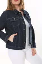 Kadın Büyük Beden Lacivert Ön Düğmeli Likralı Kot Mont 65N37576