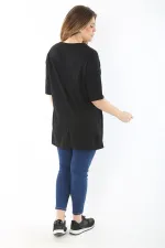 Kadın Büyük Beden Siyah Taş Ve Sim Detaylı Yan Yırtmaçlı Bluz 65N37466