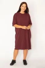 Kadın Mürdüm Pamuklu Kumaş Yan Fermuar Yırtmaçlı Likralı Elbise 65N34428