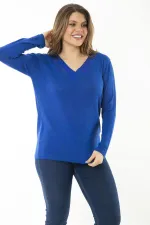 Kadın Büyük Beden Saks V Yakalı Taş Detaylı Uzun Kollu Bluz 65N37153