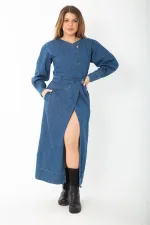 Kadın Lacivert Metal Düğmeli Anvelop Kot Elbise 65N37381