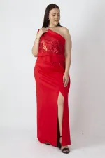 Kadın Kırmızı Tek Omuzlu Payet Detaylı Uzun Abiye Elbise 65N28080