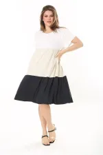 Kadın Büyük Beden Renkli Renk Kombinli Katlı Kısa Kol Elbise 65N37874