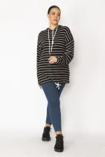 Women's Black Plus Size Front Placket Zippered Eyelet and Lace Detailed Hooded Striped Tunic