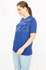 Kadın Saks Büyük Beden Bisiklet Yakalı Ön Baskılı Bluz