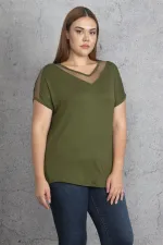 Kadın Haki Yaka Ve Kolları Tül Detaylı Viskon Bluz 65N24290