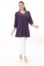 Kadın Büyük Beden Mürdüm Taş Detaylı Kapri Kollu Tunik 65N37696