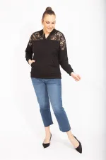 Kadın Saks Robası Dantel Ve Kapşon Detaylı Kanguru Cepli Sweat Shirt 65N35463