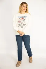 Kadın Kemik 3 İplik Kalın Ön Baskılı Omuz Büzgülü Ribanalı Sweatshirt 65N34846