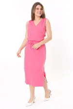Kadın Büyük Beden Pembe Arka Robası Kopenaki Dantelli Kuşgözü Bağcıklı Elbise 65N37778