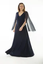 Kadın Büyük Beden Lacivert Bel Detaylı Kolları Tül Abiye Elbise 65N37065