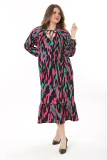 Kadın Büyük Beden Renkli V Yakalı Bürümcük Kumaş Uzun Kollu Katlı Elbise 65N37621