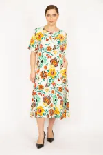 Kadın Renkli Büyük Beden Dokuma Viskon Kumaş Ön Pat Düğmeli Cepli Elbise 65N35839