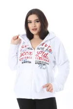 Kadın Büyük Beden Beyaz Ön Fermuar Ve Baskılı Kapşonlu Sweatshirt 65N38622