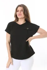 Kadın Büyük Beden Siyah Rahat Kesim Göğüs Cepli Kısa Kollu Bluz 65N37856
