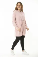 Kadın Büyük Beden Pembe Kapşonlu Belden Büzgü Bağcıklı Sweatshirt 65N37119