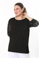 Kadın Büyük Beden Siyah Göğsü Aplike İşli Kolları Dantel Bluz 65N37690