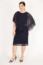 Kadın Lacivert Büyük Beden Şifon Pelerinli Astarlı Dantel Elbise