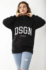 Kadın Büyük Beden Siyah İçi Şardonlu Ön Pat Fermuarlı Nakışlı Sweatshirt 65N37207