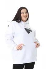 Women's Plus Size White Polar Fleece Print and Hooded Detailed Sweatshirt 65N38623