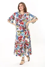 Kadın Büyük Beden Mavi Dokuma Viskon Kumaş Eteği Katlı Kısa Kollu Elbise 65N37868