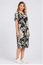 Kadın Büyük Beden Siyah, Çiçek Desenli Cepli Viskon Elbise 65N39471