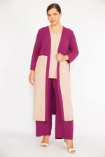 Kadın Büyük Beden İndigo Hırka İç Bluz Ve Pantolon Üçlü Takım