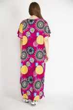 Kadın Fujya Büyük Beden Dokuma Viskon Kumaş Yaka Ve Yırtmacı Bağcık Detaylı Uzun Elbise