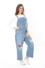 Kadın Büyük Beden Mavi Yırtık Detaylı Kot Salopet 65N37889